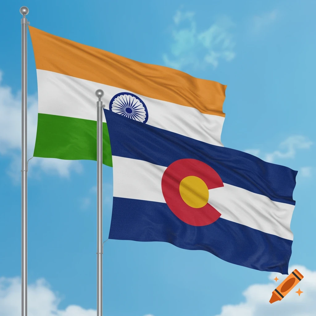 The Indian flag and the Colorado state flag wave side-by-side on flagpoles against a blue sky with white clouds.