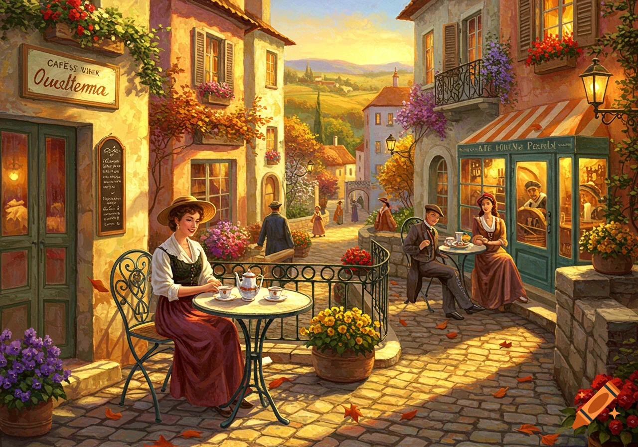 Vibrant painting of a bustling European cafe street scene with people, buildings, and flowers under golden sunlight.