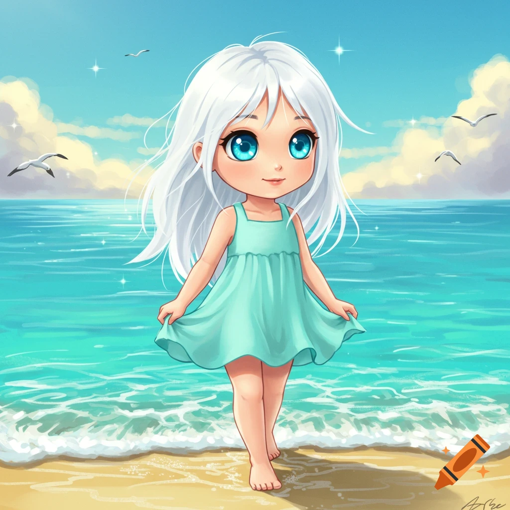 A cute chibi-style girl with long white hair and big blue eyes walks barefoot on a sandy beach at the water's edge under a blue sky.