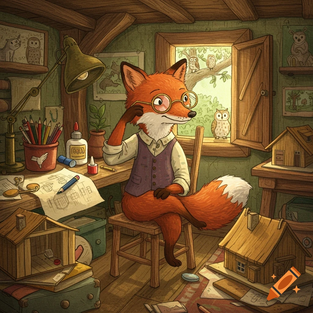 A cartoon fox in a waistcoat and glasses sits at a cluttered desk with architectural drawings and house models in a cozy den.