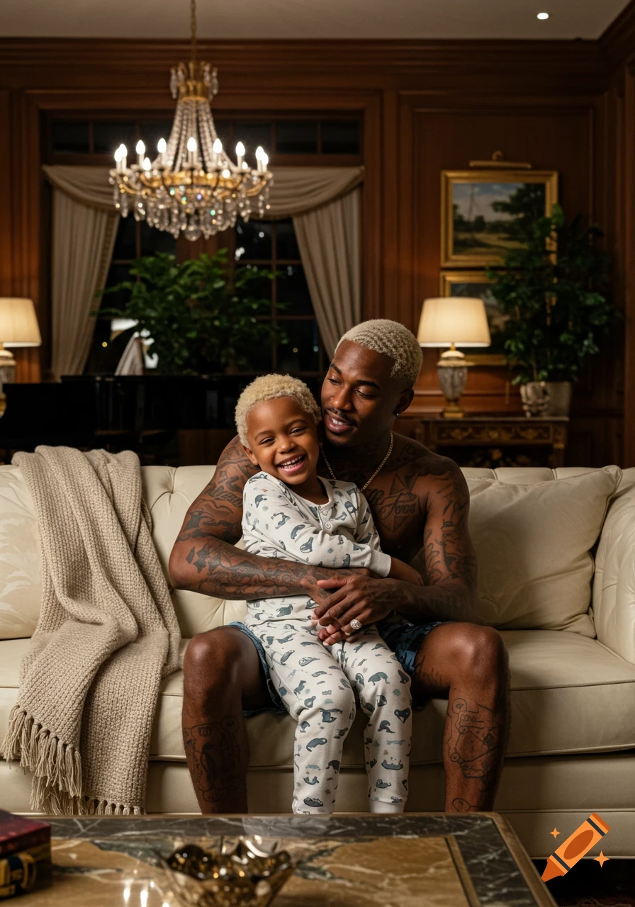 A smiling African American man with bleached hair and tattoos sits on a couch, holding a blonde child in pajamas on his lap, in a luxurious mansion at night.