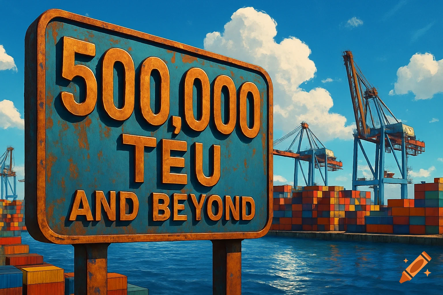 A large rusted blue sign with orange text "500,000 TEU AND BEYOND" at a sunny shipping port with cranes and containers.