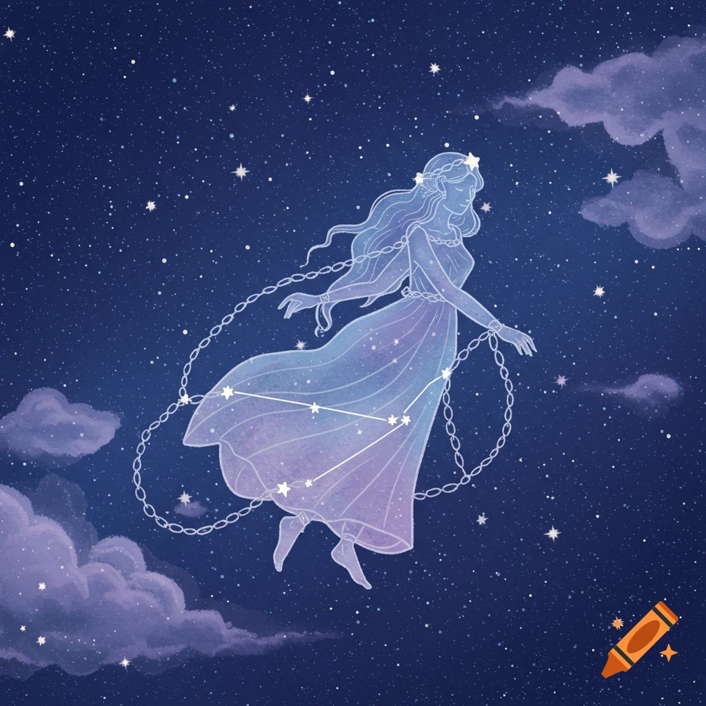 Ethereal illustration of the Andromeda constellation as a maiden with flowing hair and dress, floating in a starry night sky with clouds.
