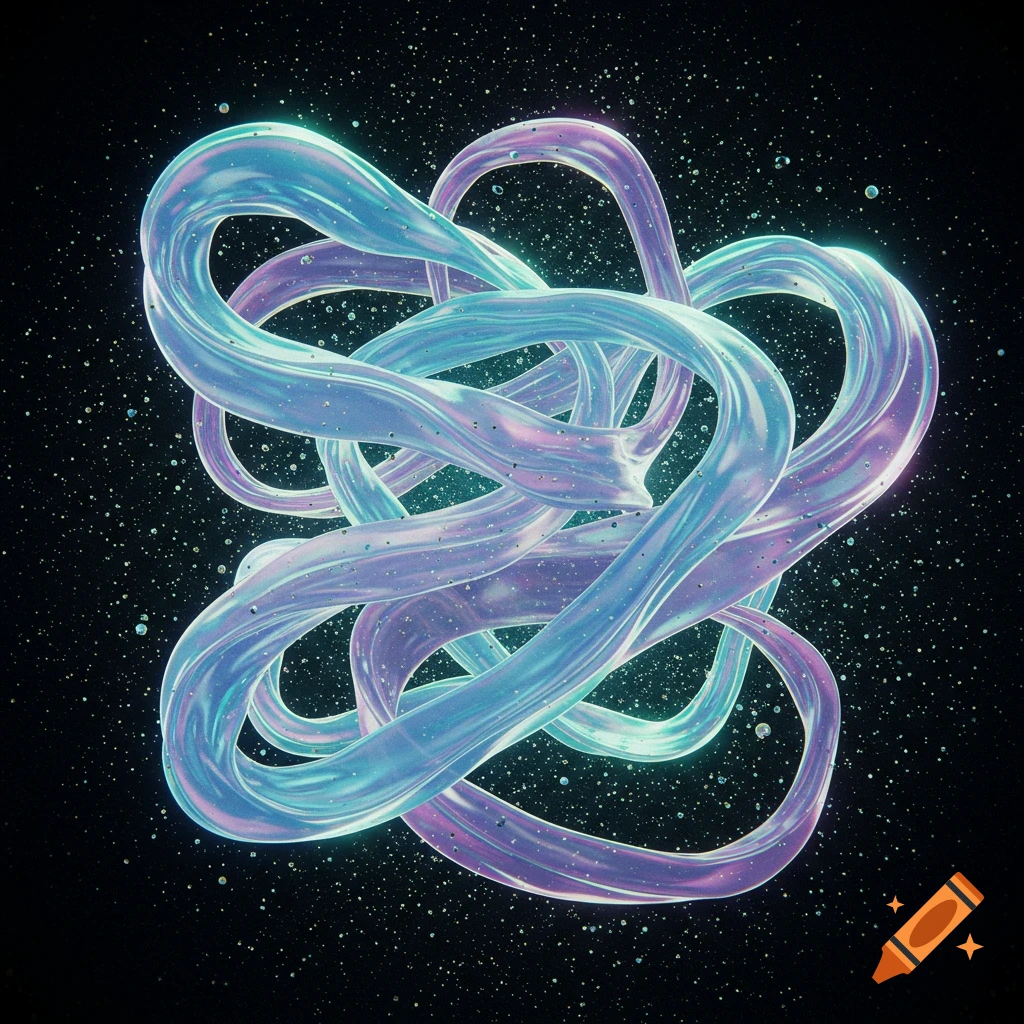 A 3D render of iridescent blue and purple glossy, intertwined ribbons on a dark, speckled background.