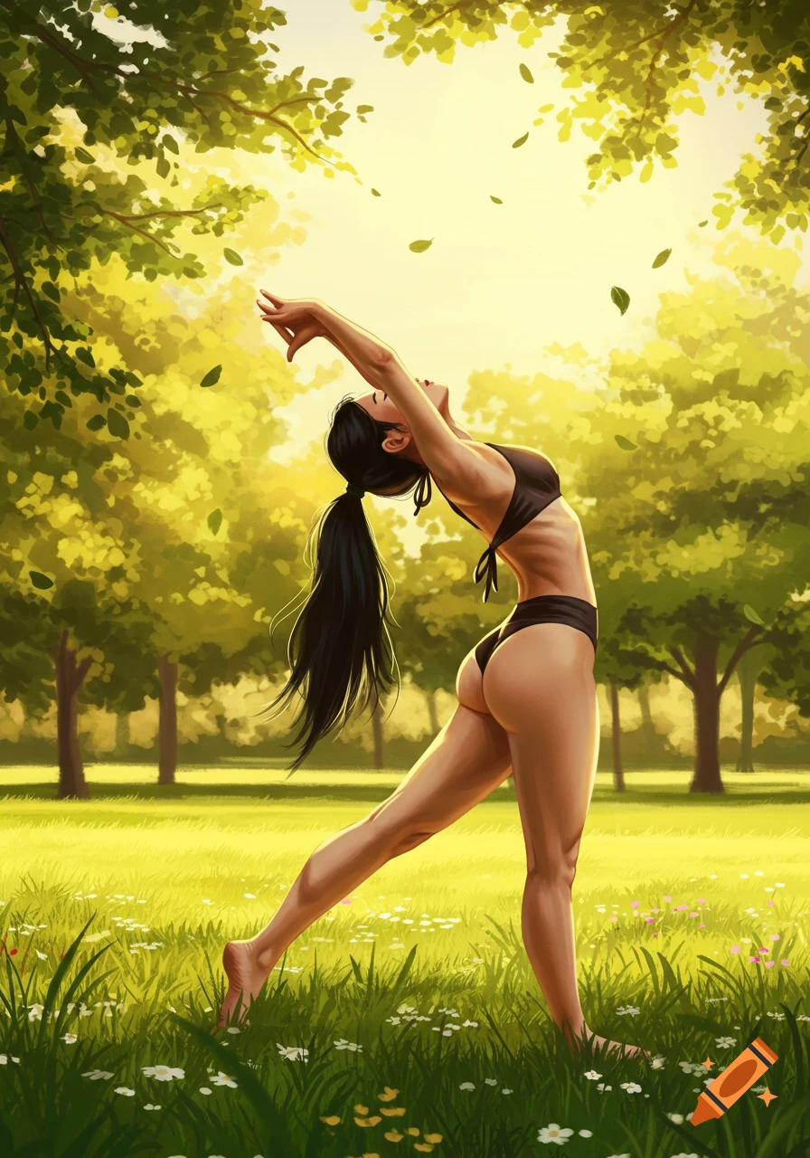 Asian woman in bikini doing a yoga stretch in a sunny park with trees and grass, digital art style.