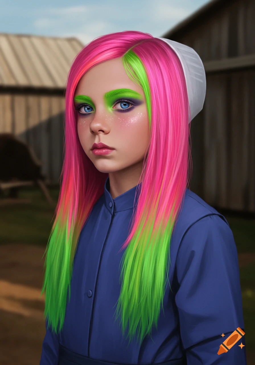 A girl with long bright pink and neon green hair, vivid green and purple eye makeup, and a white bonnet, wears a navy blue collared dress. She looks directly forward with a serious expression.