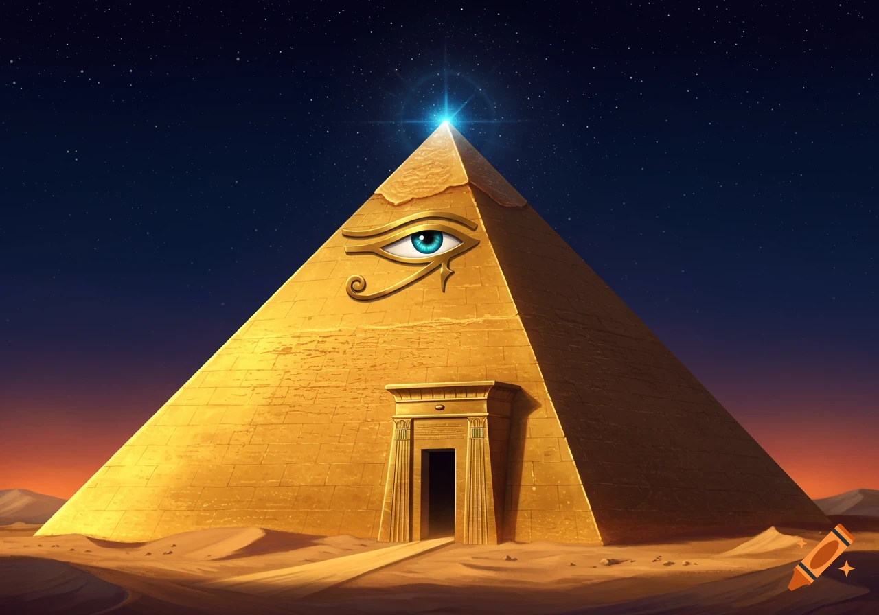 A shiny golden pyramid with a central doorway and a glowing blue Eye of Horus, under a starry night sky in a desert landscape.