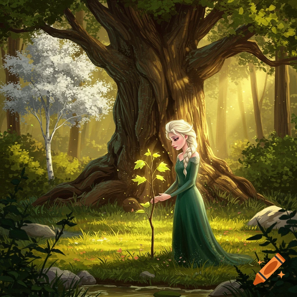 A blonde woman in a green dress gently tends to a glowing sapling in a sun-dappled forest with large trees.