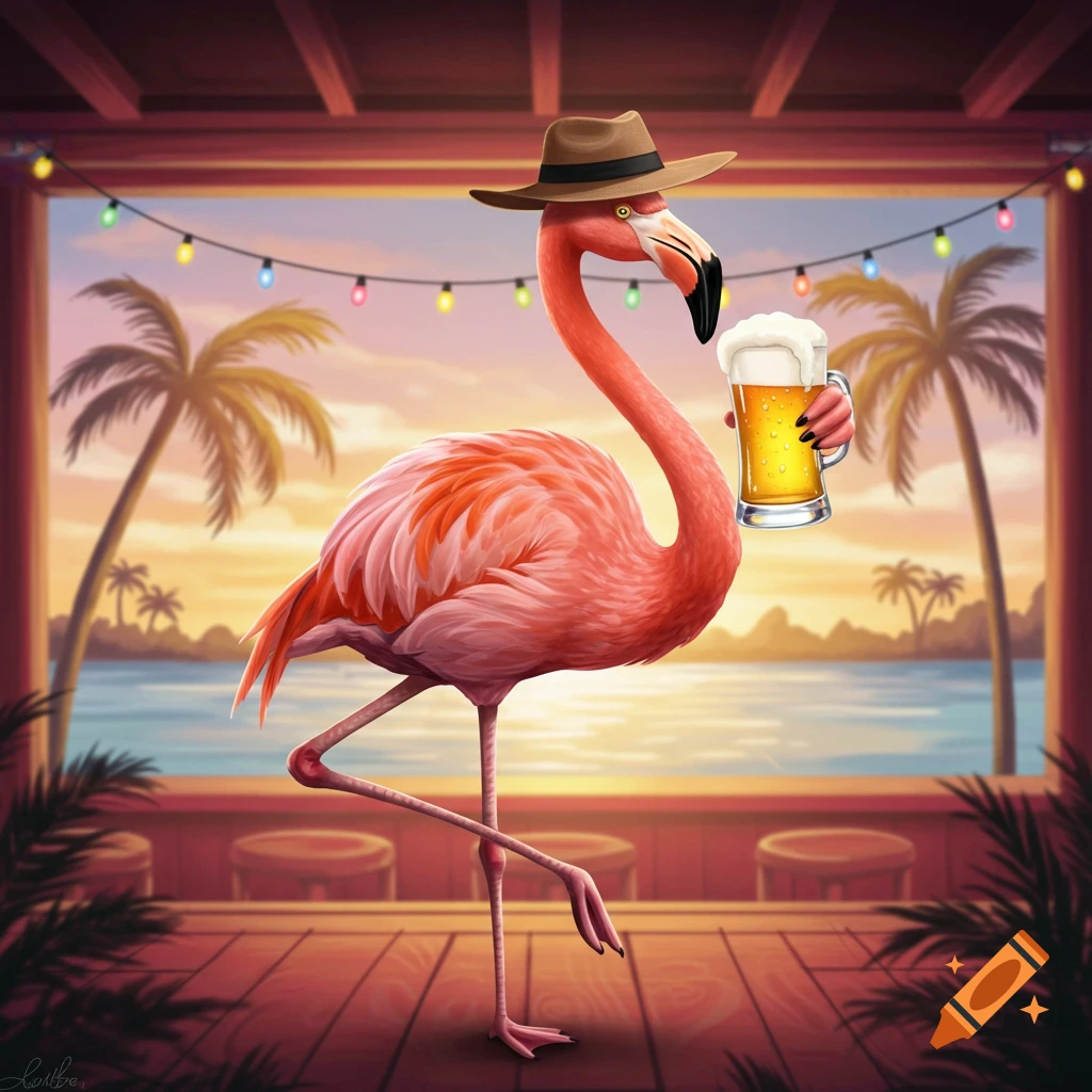 A pink flamingo wearing a fedora and holding a mug of beer, standing on a wooden deck overlooking a tropical sunset beach scene.