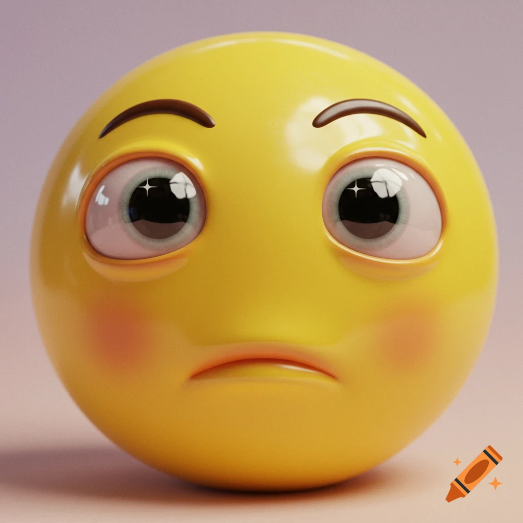 A 3D rendered yellow emoji with large, detailed, hyperrealistic eyes and a slightly uncertain or sad expression.