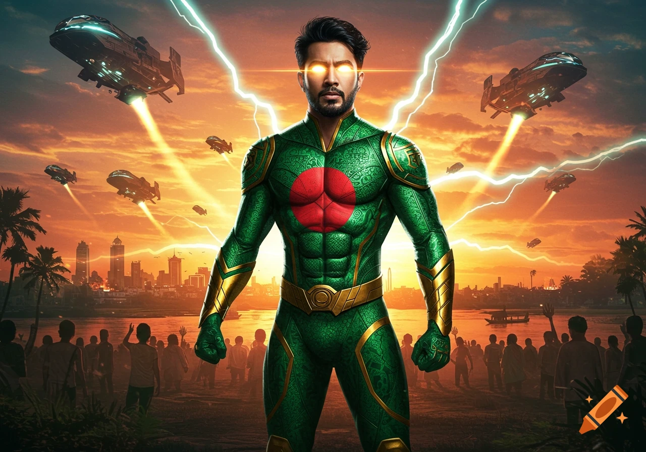 A Bangladeshi superhero in a green and red suit with glowing eyes and lightning stands before a city skyline at sunset as alien ships fly overhead.
