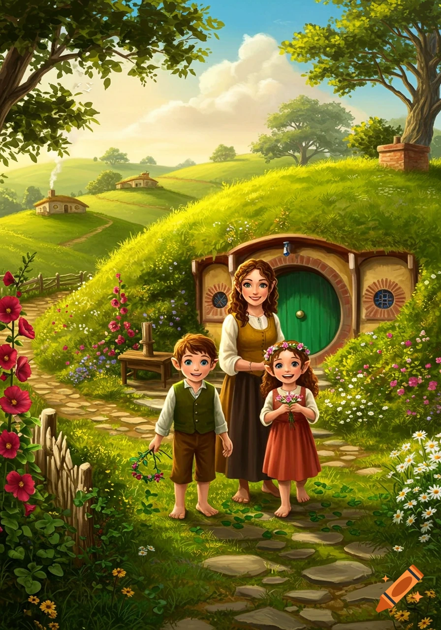 An illustrated fantasy scene of a mother and two children with pointed ears standing on a stone path in front of a hobbit hole in a lush, green, hilly landscape.