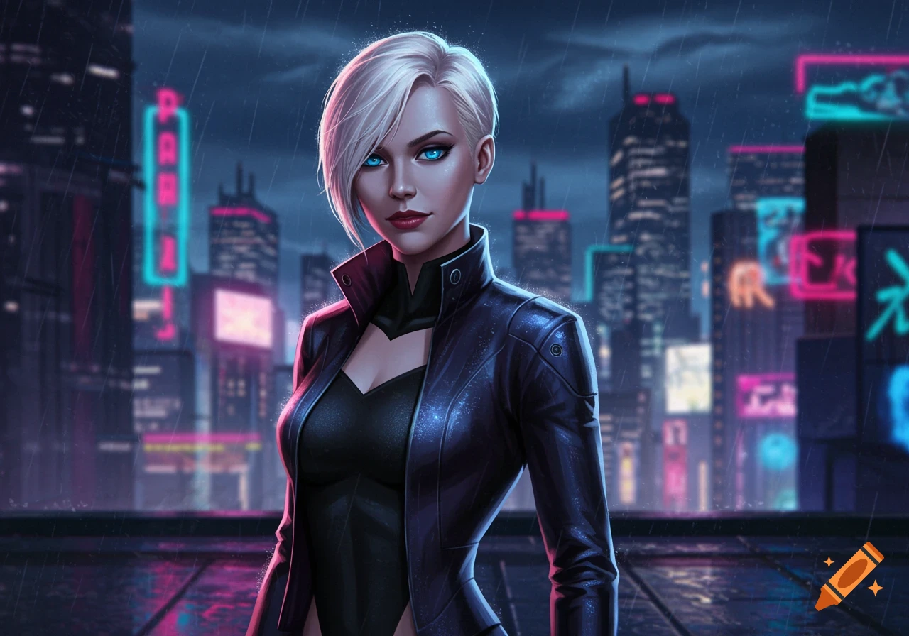 A stylized woman with short white hair and glowing blue eyes wears a black leather jacket, standing on a rooftop in a rainy cyberpunk city with neon lights.