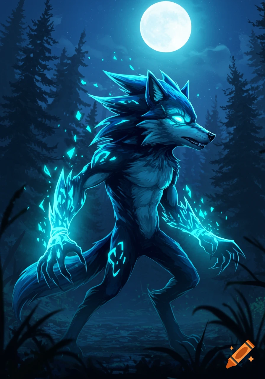 A stylized blue and black werewolf with glowing blue energy stands in a dark forest under a full moon.