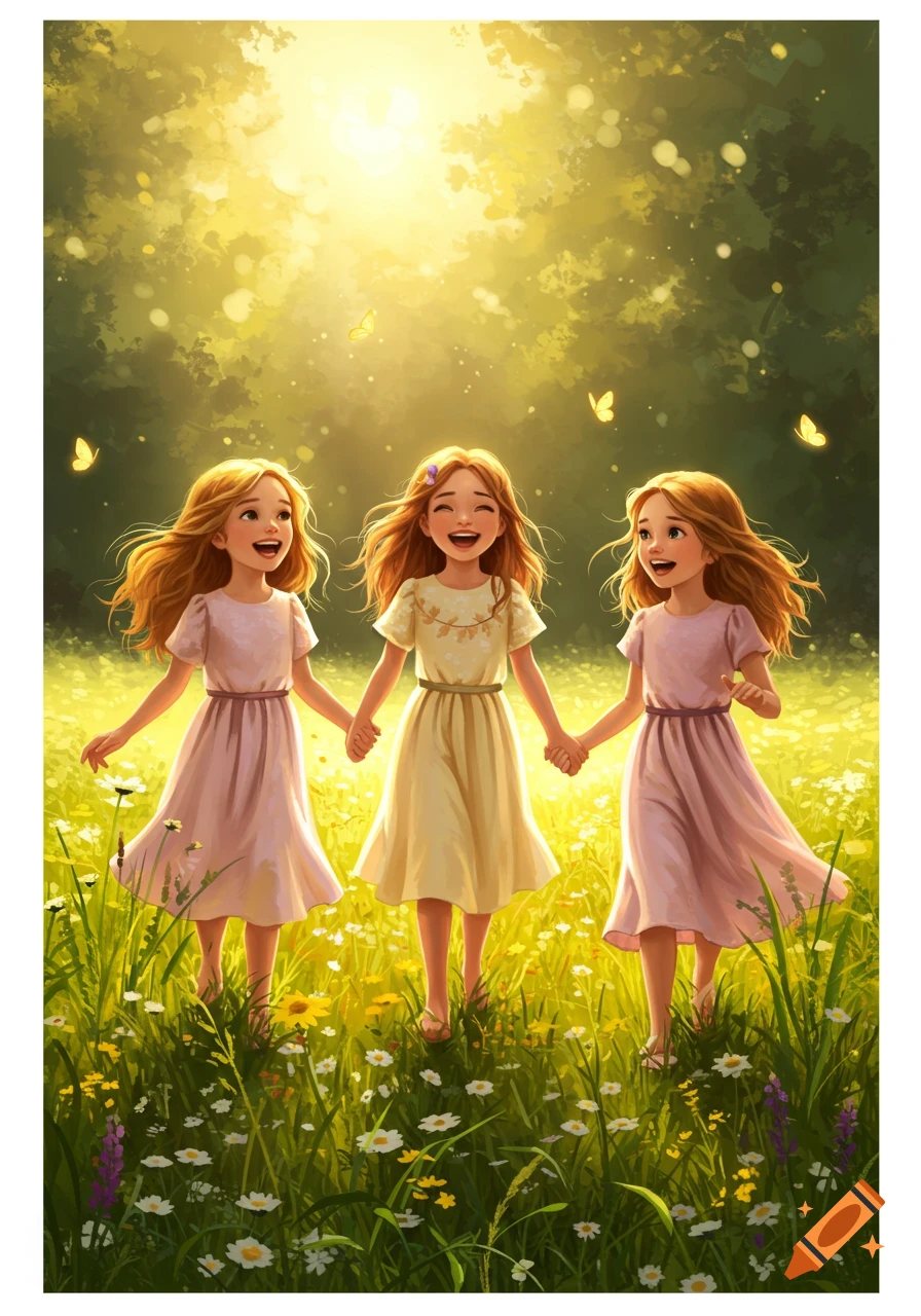 Three happy young girls holding hands in a sunlit grassy field with flowers and butterflies, in a vibrant, illustrative style.