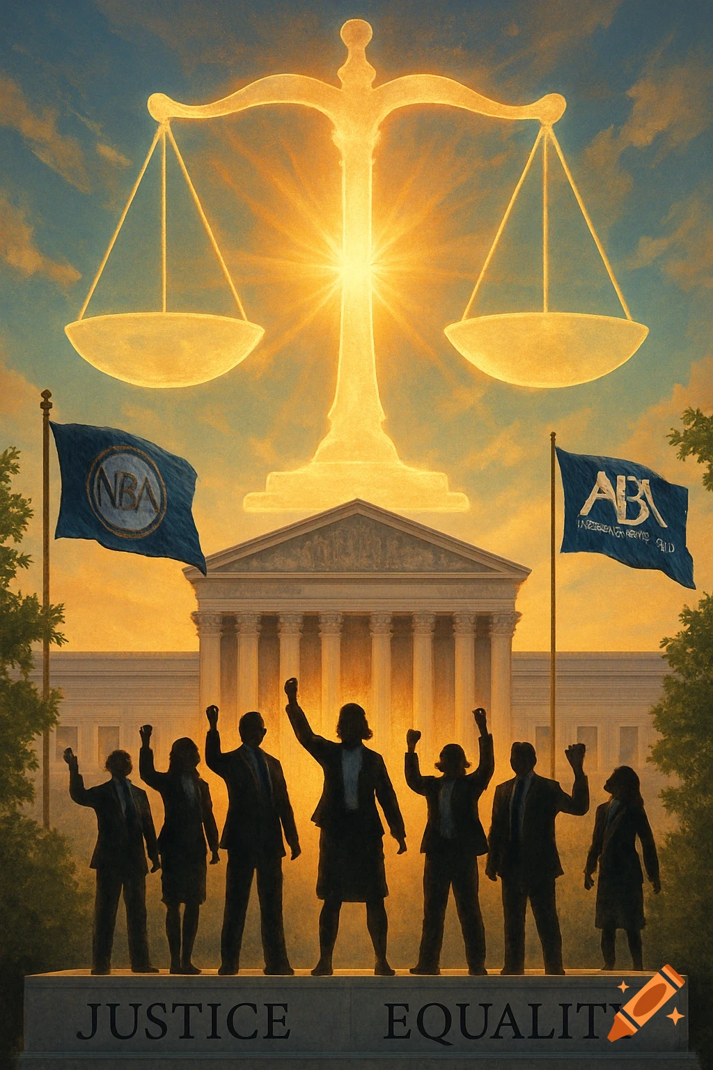 A glowing golden scale of justice towers over a courthouse with silhouetted figures raising fists on a pedestal that reads "JUSTICE EQUALITY." Flags with "NBA" and "ABA" logos wave on either side.