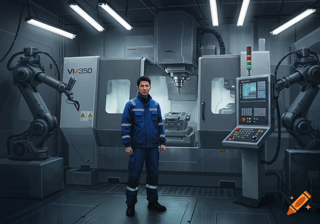 A man in a blue uniform stands in a well-lit industrial factory with large machining centers and robotic arms.