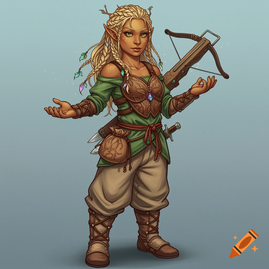 A full-body fantasy illustration of a light-skinned elf-like female character with braided blonde hair, green off-shoulder top, leather armor, and a crossbow on her back.