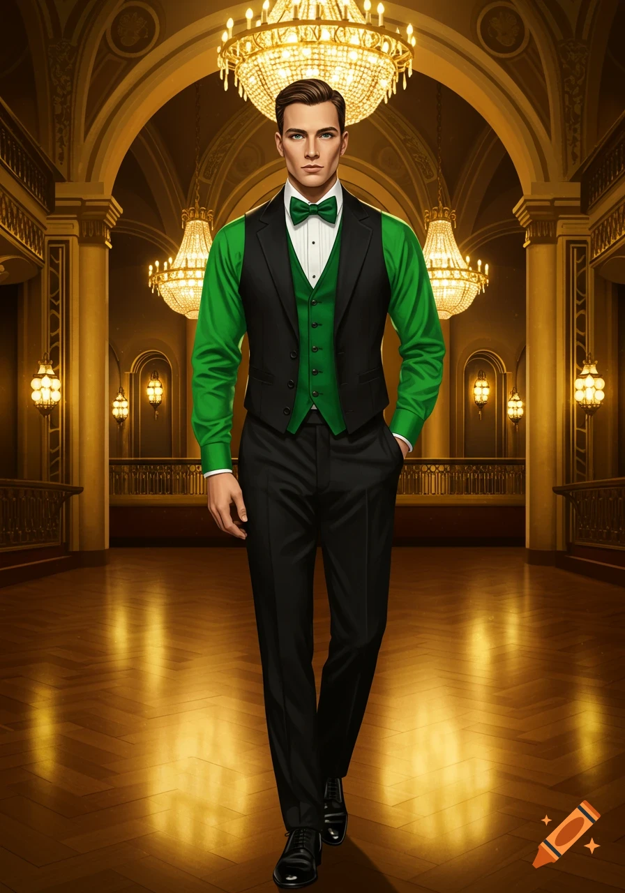 A well-dressed man in a black suit, green shirt, and white bow tie walks through a luxurious golden hall.