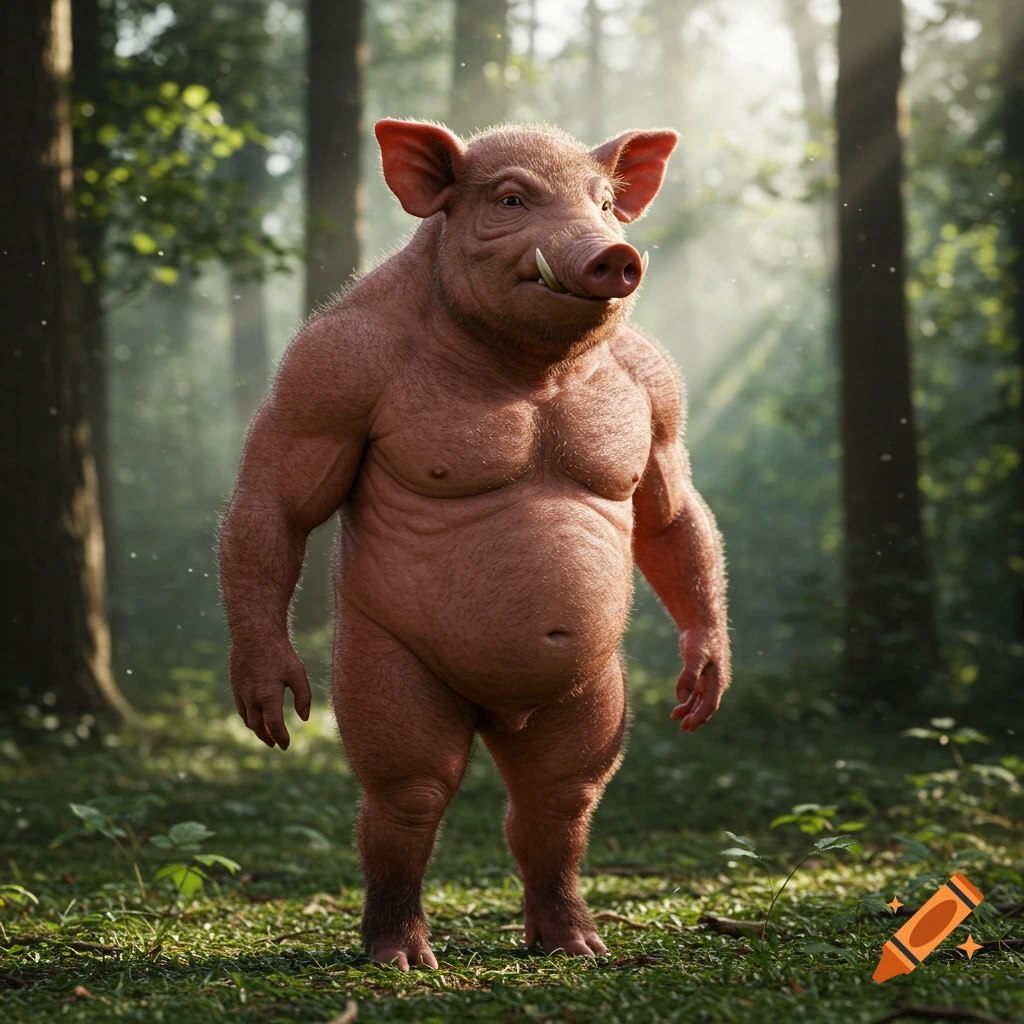 Photorealistic image of a muscular pig-human hybrid standing in a sunlit forest.