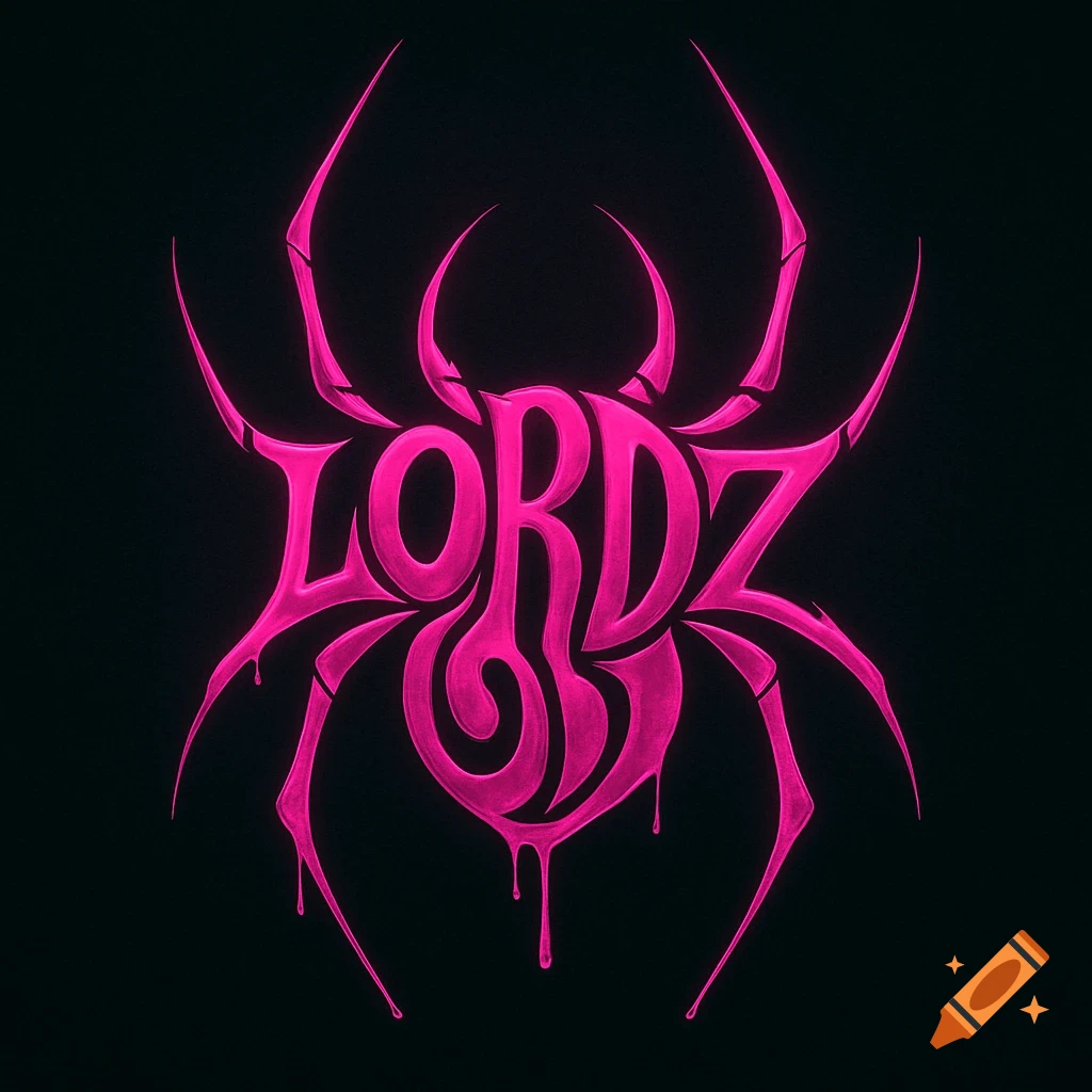 Magenta 'LORDZ' text logo in the shape of a spider with dripping elements on a black background.