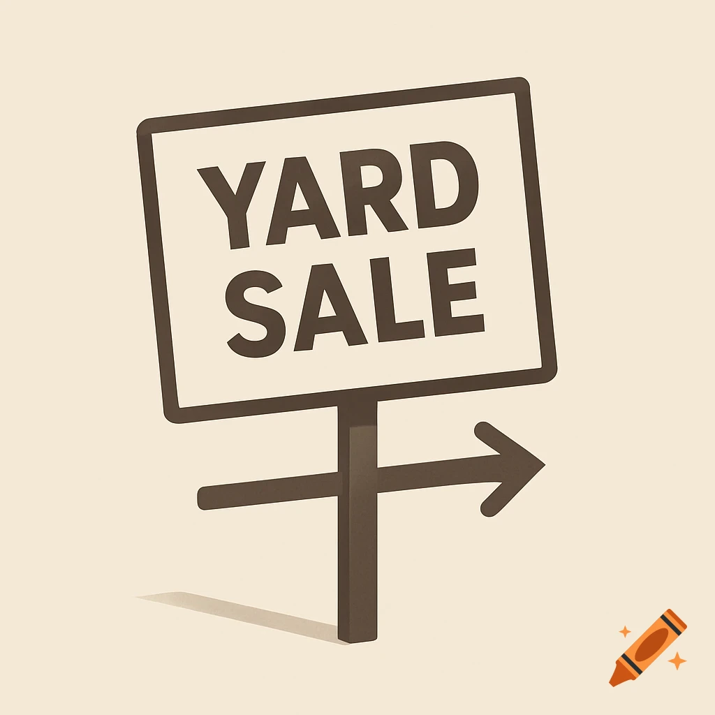 A minimalist vector art illustration of a yard sale sign with an arrow pointing right.
