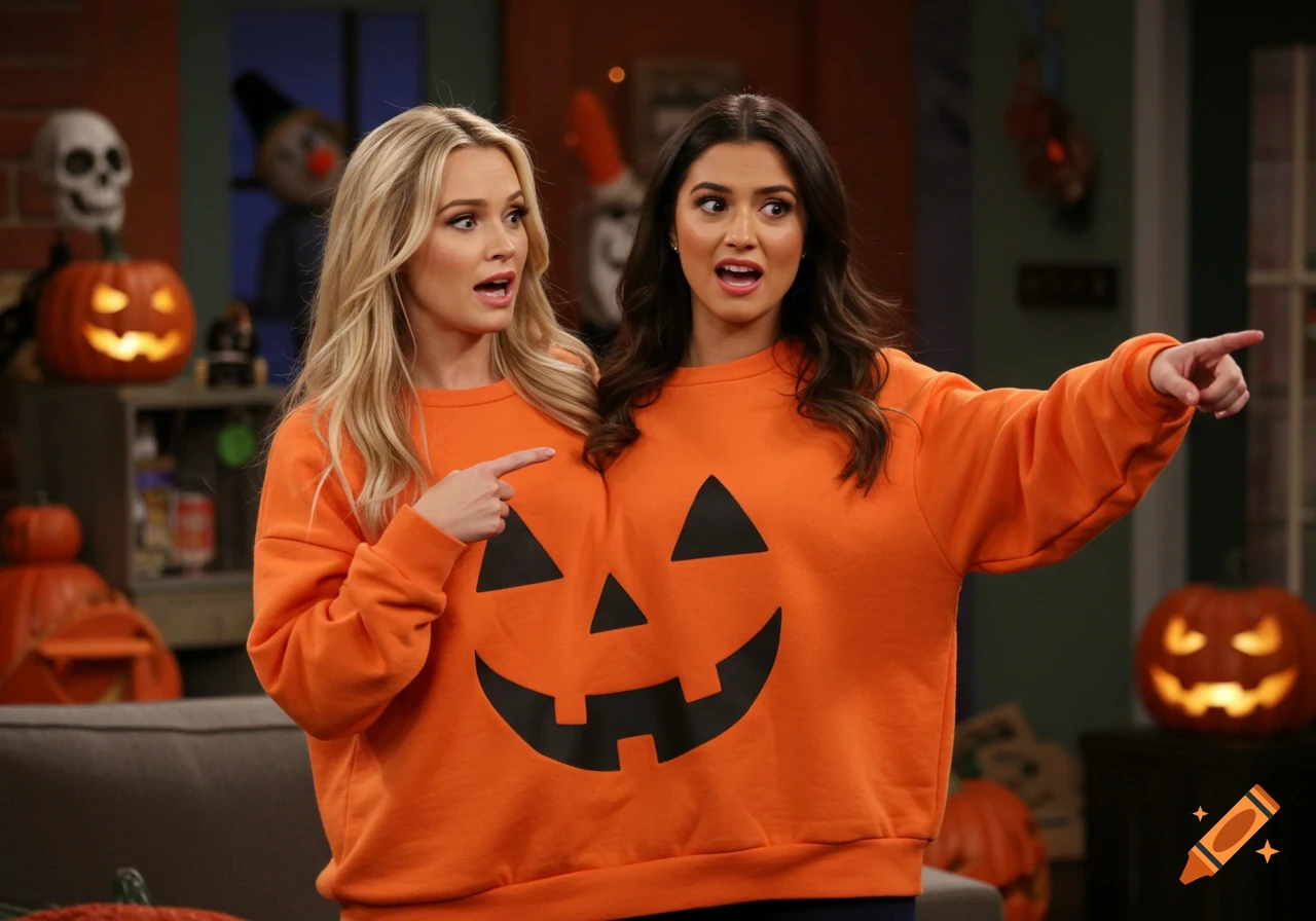 Two women in an orange two-person jack-o'-lantern sweatshirt, one blonde pointing left, one brunette pointing right, in a Halloween-decorated room.