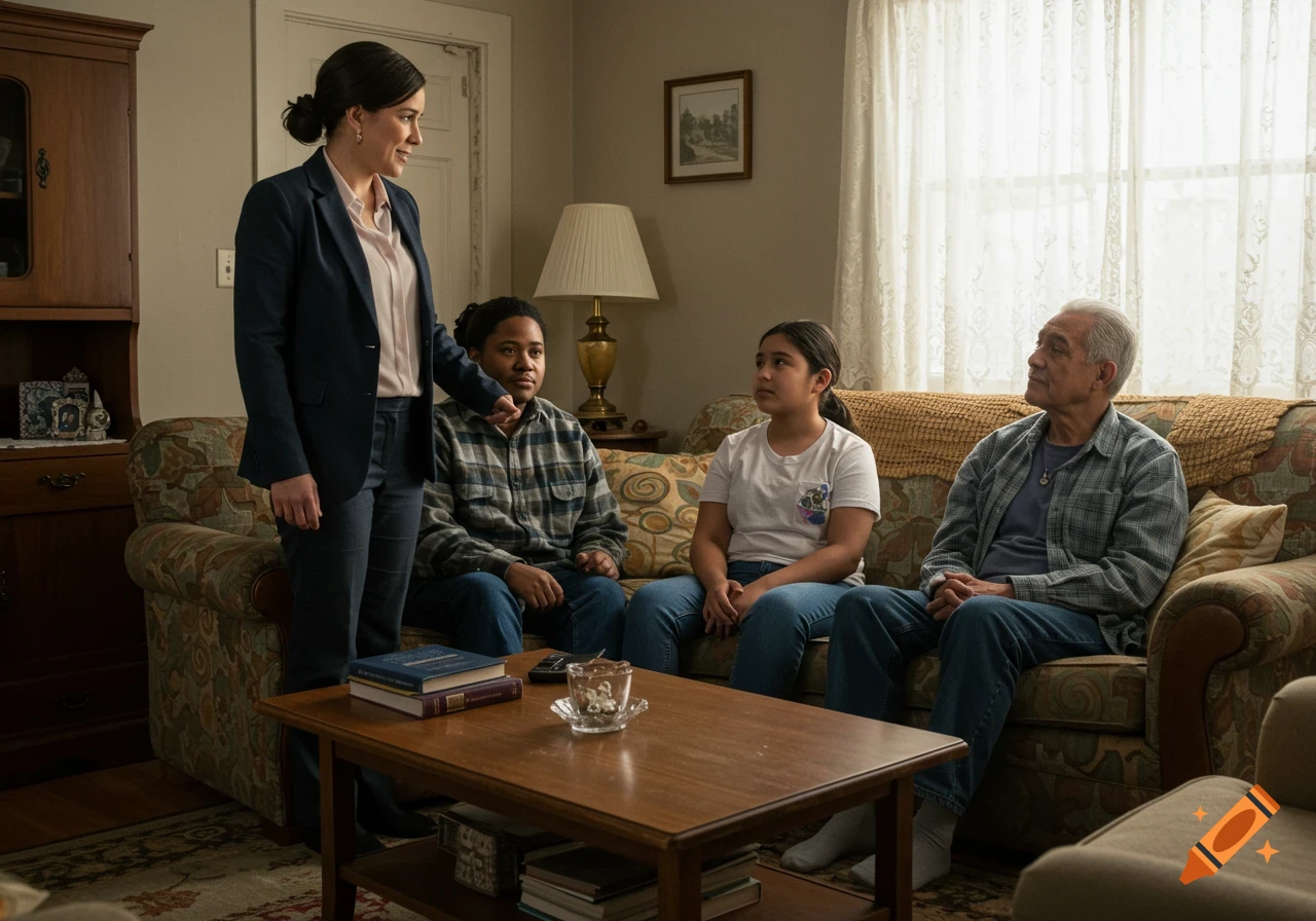 A social worker in a suit stands next to a couch with a family, including a man, a girl, and an elderly man, in a living room during a home visit.