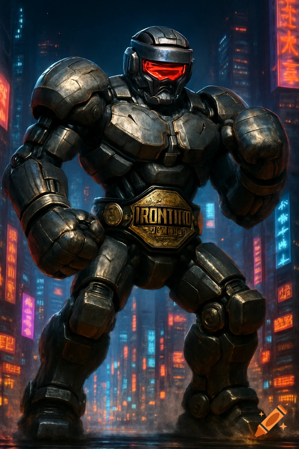 A massive, heavily armored, boxer-inspired robot with glowing red eyes and a championship belt stands in a neon-lit cyberpunk city.