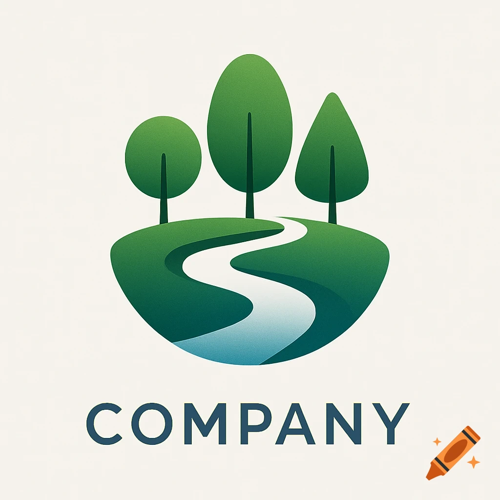 A minimalist logo with three green trees on a grassy mound, a winding river, and the word COMPANY below.