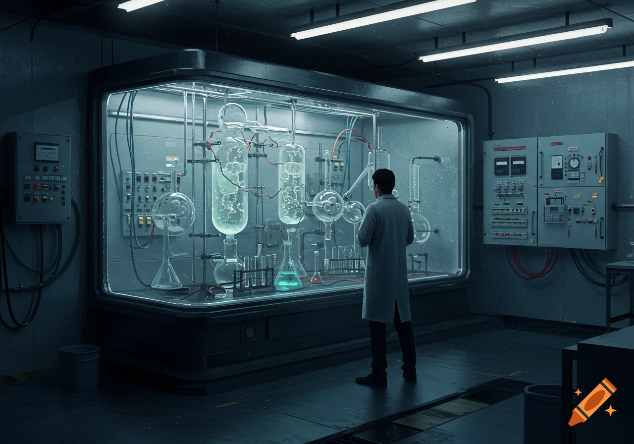 A researcher in a lab coat stands with his back to the viewer, observing a complex electrolysis experiment in a large glass chamber.