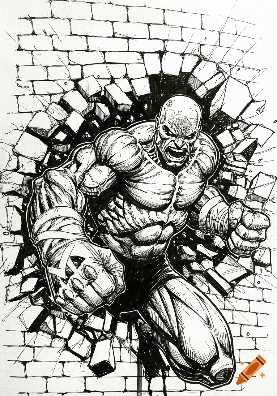 Black and white hand-drawn comic art of a muscular, bald character bursting through a brick wall.
