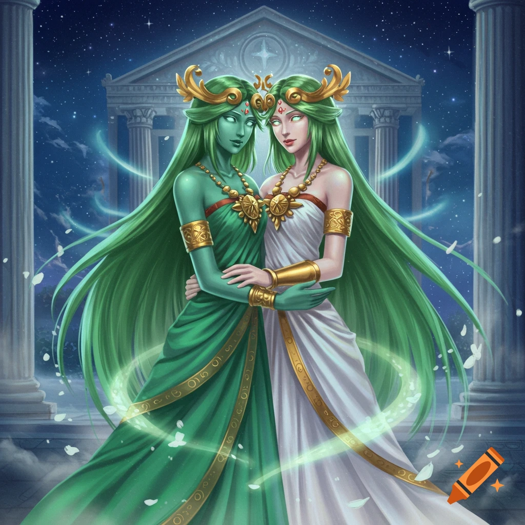 Two fantasy goddesses with green skin and hair embrace in front of a temple under a starry sky, in an anime art style.
