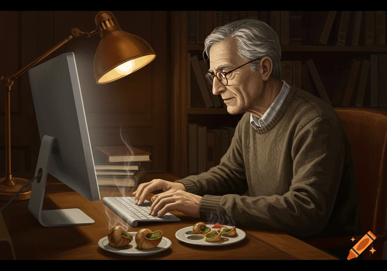 A grey-haired man in a brown sweater works at a desktop computer under a desk lamp, with plates of escargot on the desk.