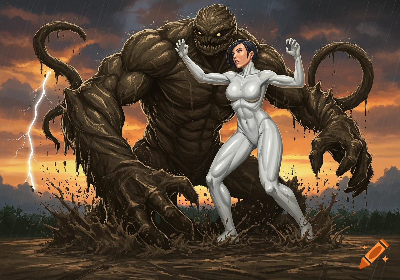 A heroine in a white spandex suit battles a giant mud monster as lightning strikes in a stormy, sunset sky.