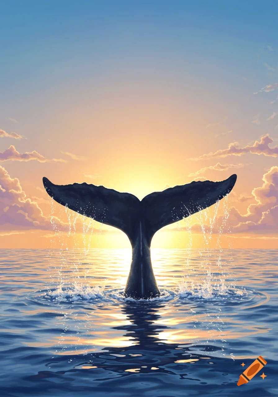 A whale's tail splashes out of the ocean at sunset, with golden light reflecting on the water.
