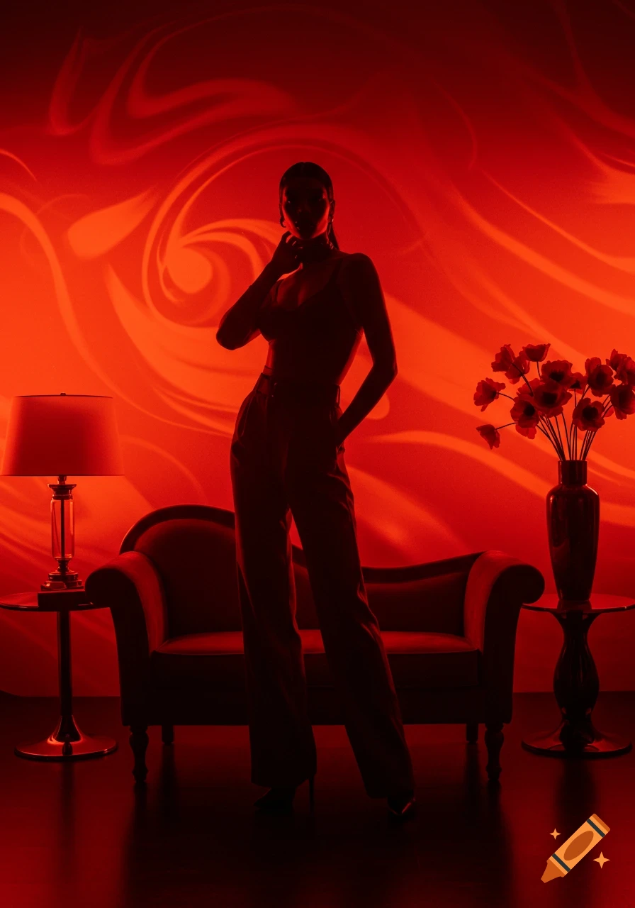 A silhouetted model in a dark red room, standing elegantly between a couch, lamp, and vase with red flowers, against a swirling red background.