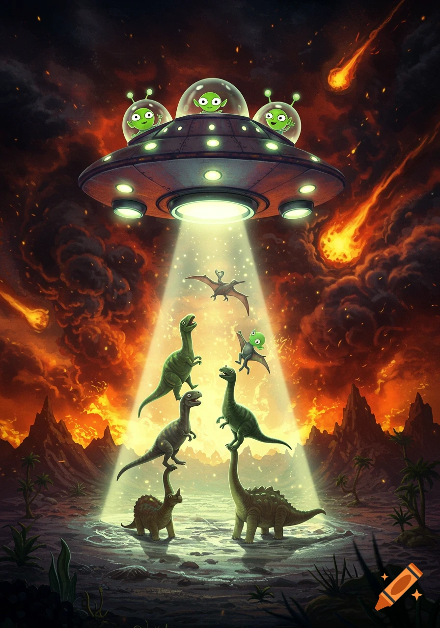 Cartoon illustration of green aliens in a UFO abducting dinosaurs with a beam of light during a meteor shower.