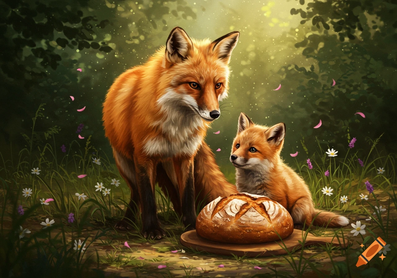 An illustrative image of an adult fox and a cub fox sitting in a forest with a loaf of sourdough bread.