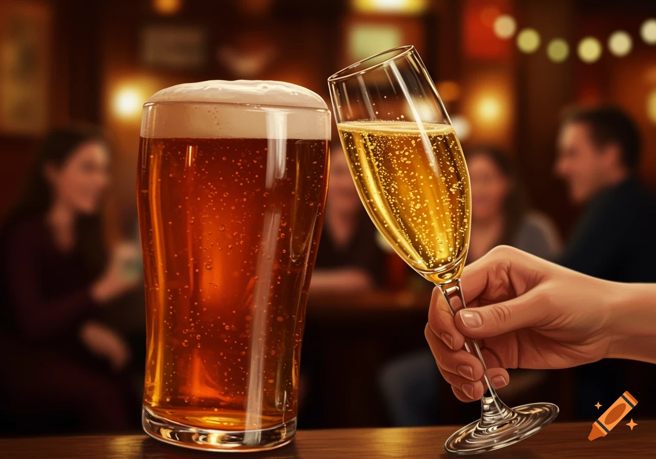Photorealistic image of a hand holding a glass of prosecco next to a pint of beer in a dimly lit bar setting.