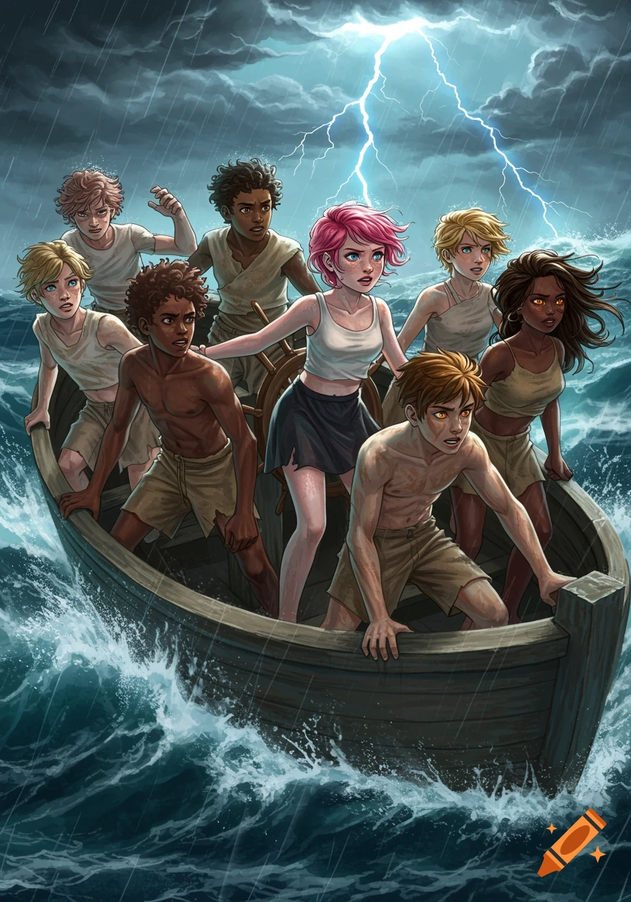 Digital illustration of a group of frightened teenagers in a small boat amidst a violent sea storm with rain and lightning.