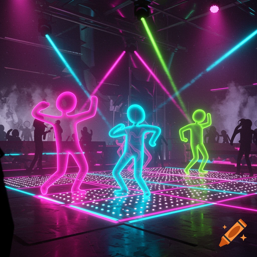 Three neon glowing stick figures dance on an illuminated floor in a dark nightclub with colorful laser lights.