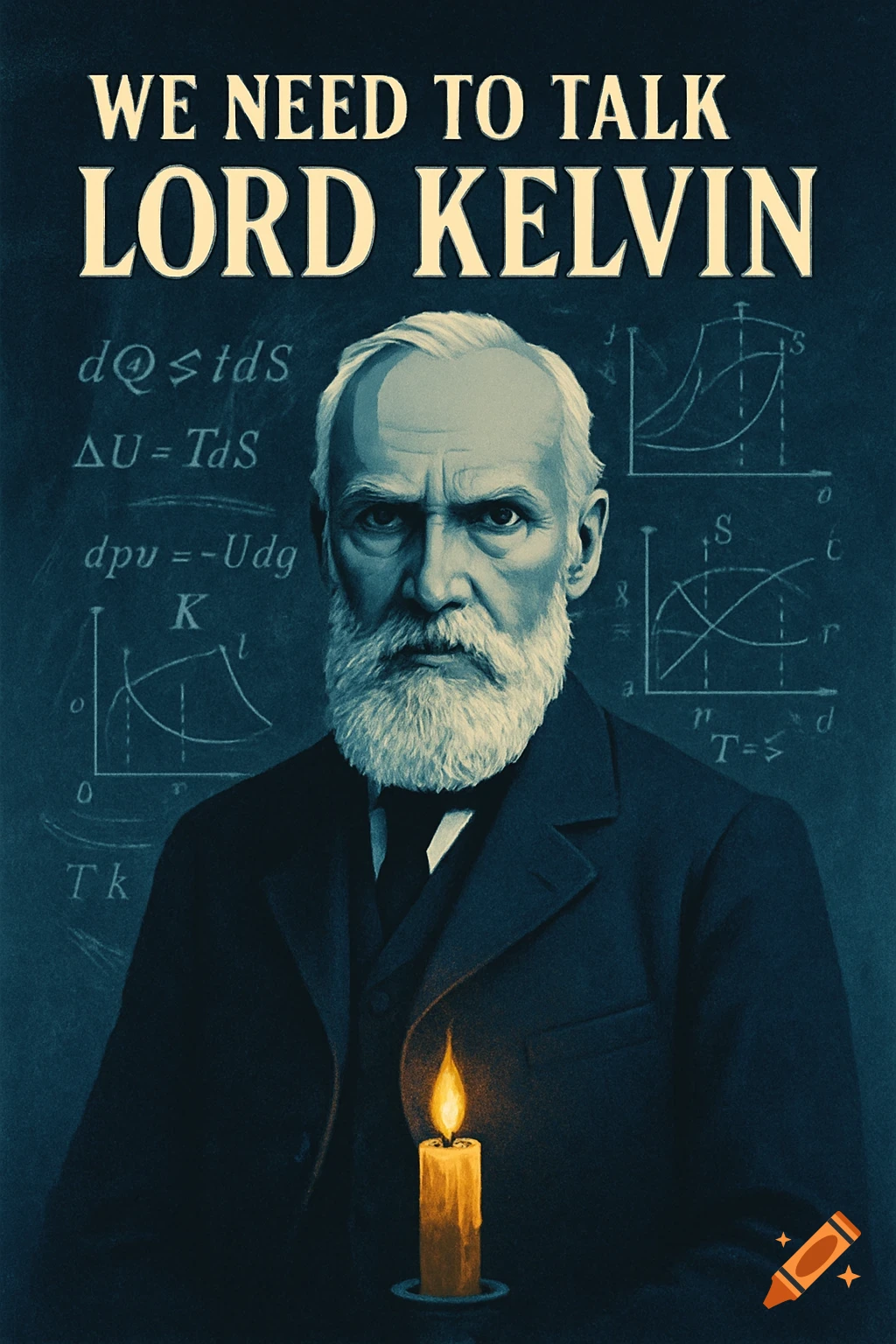 A movie poster titled 'WE NEED TO TALK LORD KELVIN' showing a portrait of Lord Kelvin with a candle and scientific equations.