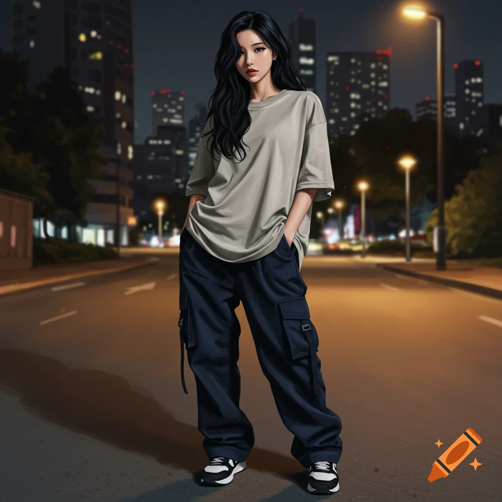 A young woman with long black hair in an oversized grey t-shirt and baggy navy cargo pants stands on a city street at night. Digital art.