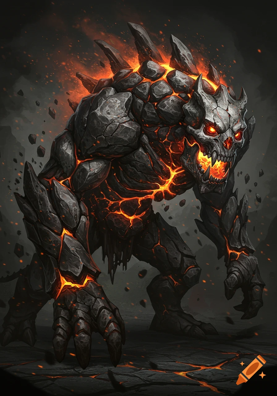 A hunched, fierce lava monster made of dark cracked rock and glowing orange fissures, with a skull-like head and red eyes, stands amid floating debris.