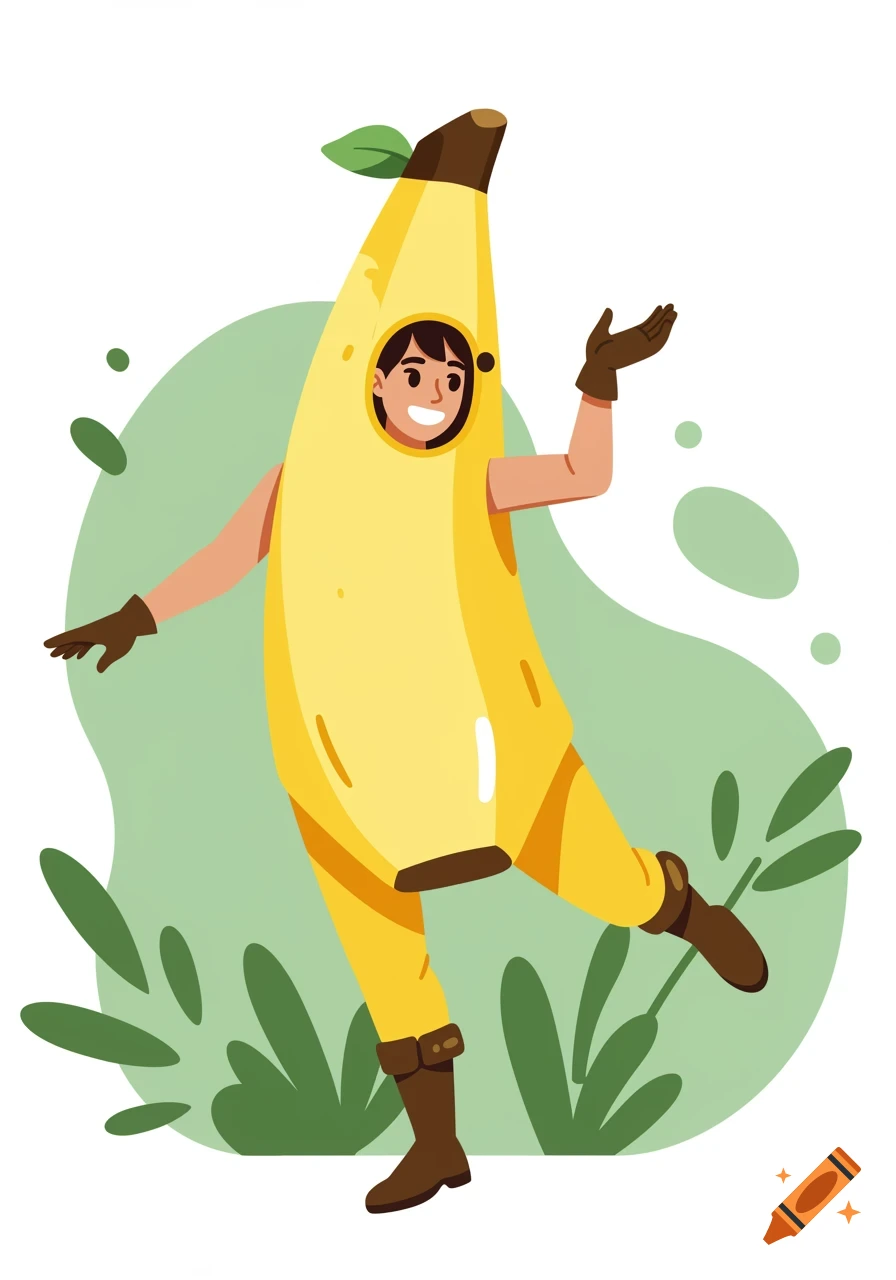 A person in a cheerful yellow banana costume with a leaf on top, striking a playful pose against a green and white background in a cartoon style.