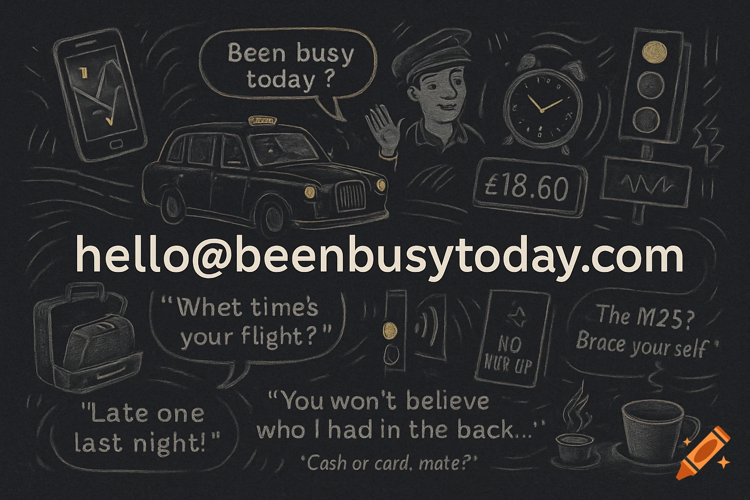 Chalkboard-style illustration of taxi life with a London cab, driver, phone, traffic light, coffee cup, suitcase, and various taxi-related quotes.
