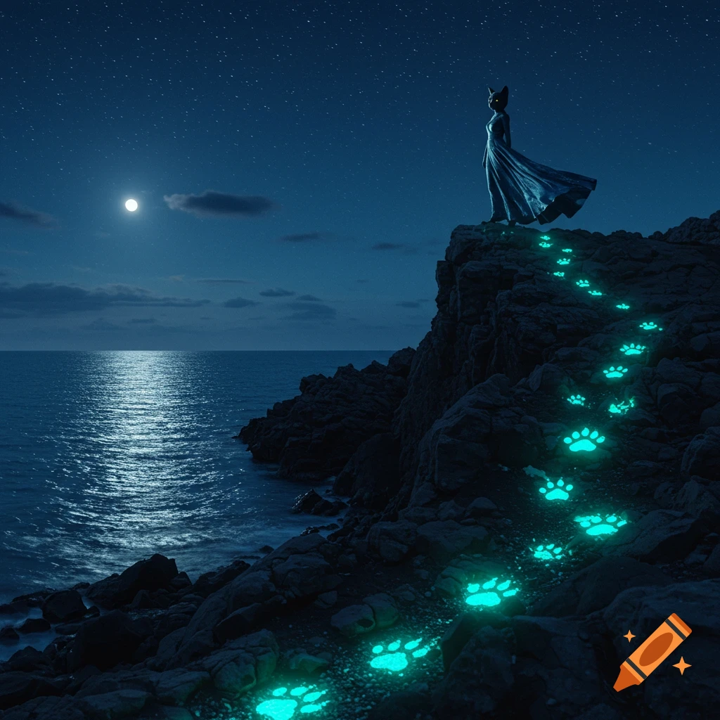 A feline figure in a sweeping dress stands on a rocky cliff overlooking a moonlit sea, with glowing paw prints leading up.
