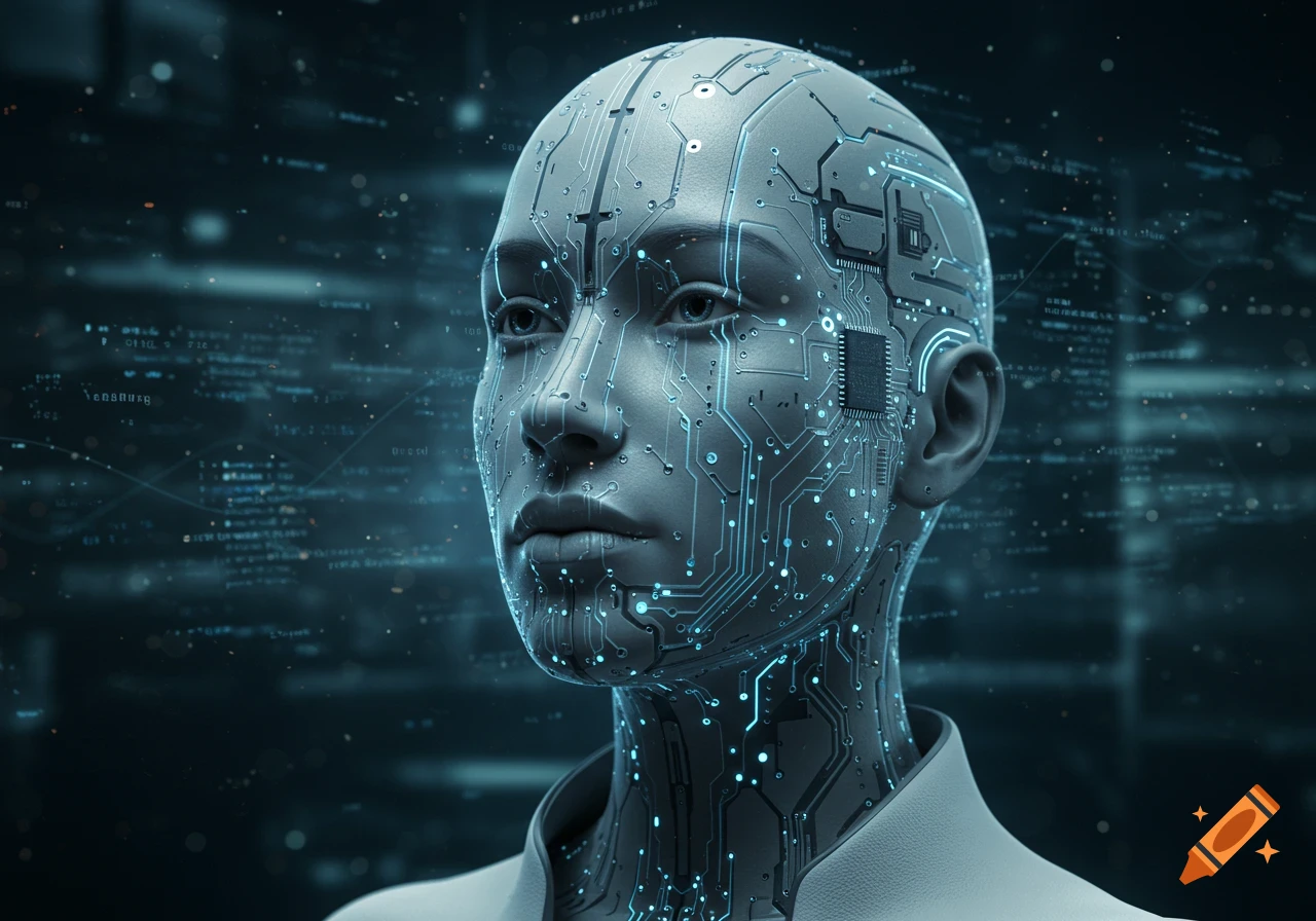 A detailed close-up of a human-like head with intricate glowing blue circuit patterns and microchips on its face and neck, against a dark, blurry background with abstract digital data.