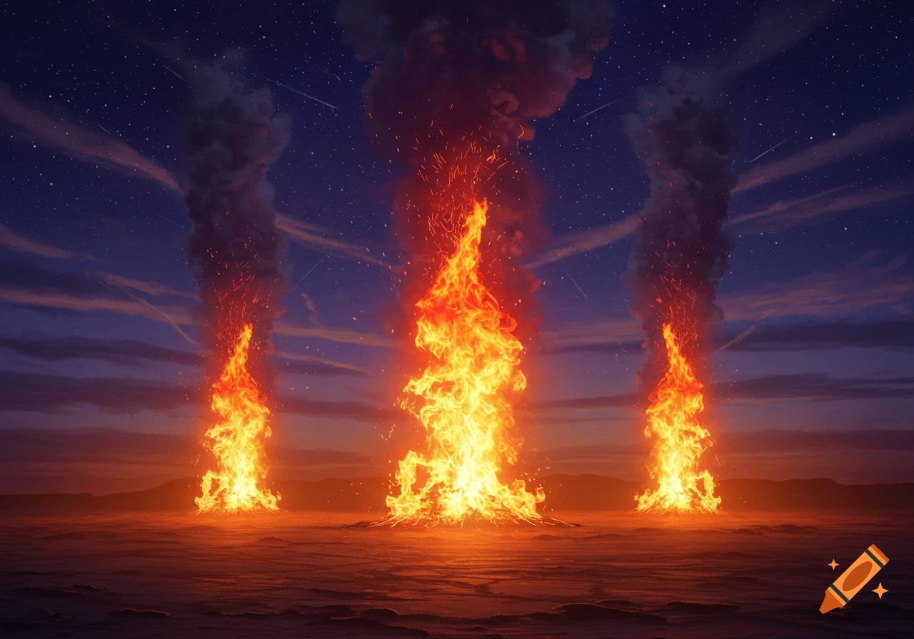 Three towering columns of orange and red fire with dark smoke rise from a flat landscape under a starry night sky.